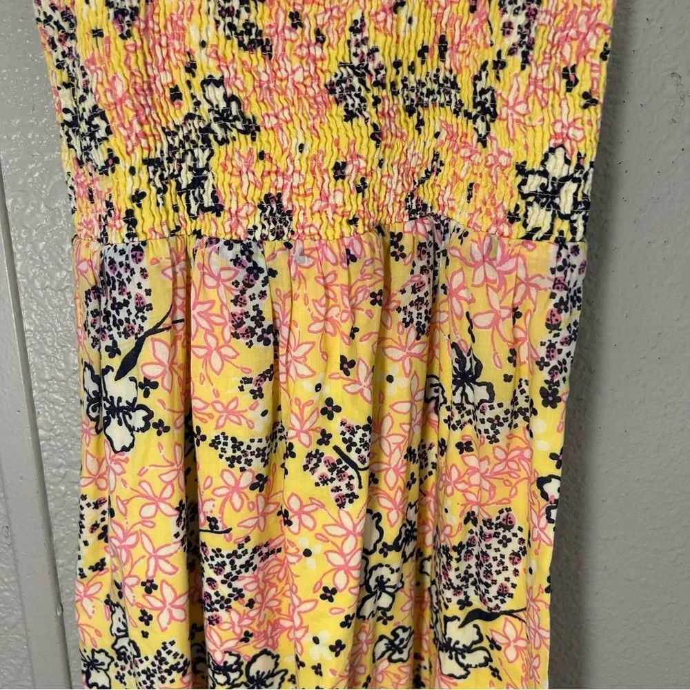 Lilly Pulitzer Girls Yellow Floral Tie Straps Smocked Bodice Dress Size Small
